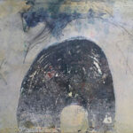 Drawing of a blue horse, pencil, oil, crayon, paper
